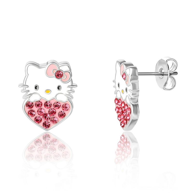 Sanrio Hello Kitty Brass Enamel and Crystal Head on Heart Stud Earrings, 1 of 3