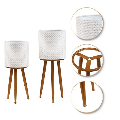 Distressed White and Bronze Dimpled Metal Planter Set with Tripod Stand
