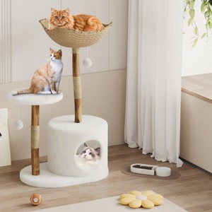 43" Natural Wood Cat Tree w/Real Branch Design, Multi-Level Tower, Large Basket & Scratching Posts, 1 or 2 Perch Options for Large Cats - 1 of 4