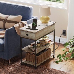 Side Table with 2 USB Ports and 2 Outlets, Flip Top End Table with Drawer and Storage Shelves, End Stand with Charging Station - 1 of 4