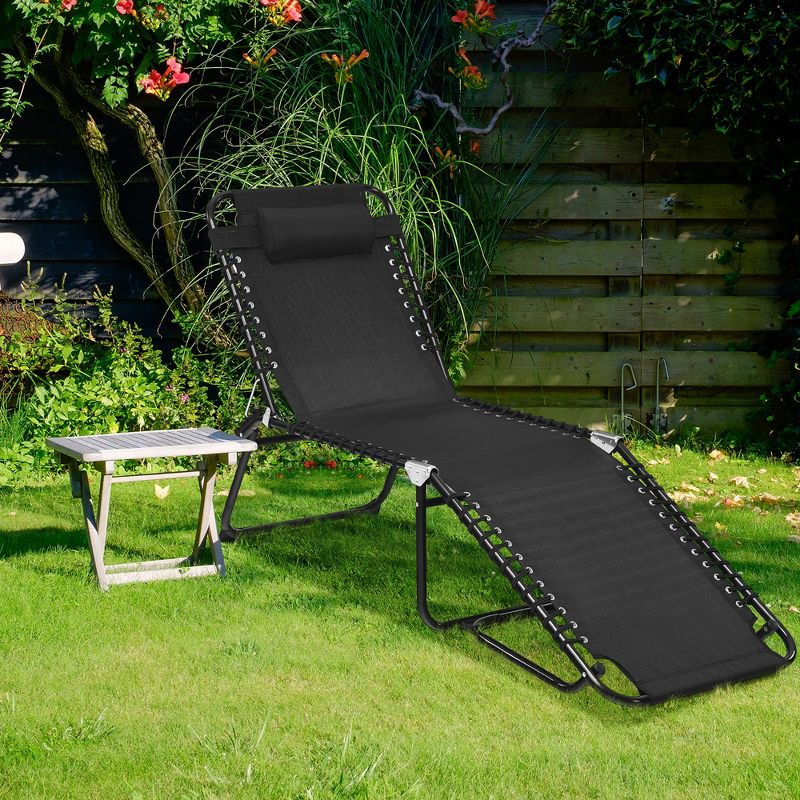 Costway Folding Beach Lounge Chair Heightening Design Patio Lounger w/ Pillow Black\Grey, 2 of 10