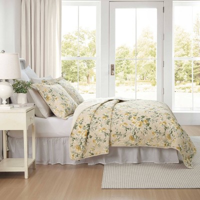 Laura Ashley King Gold and Beige Cotton Reversible Quilt Set