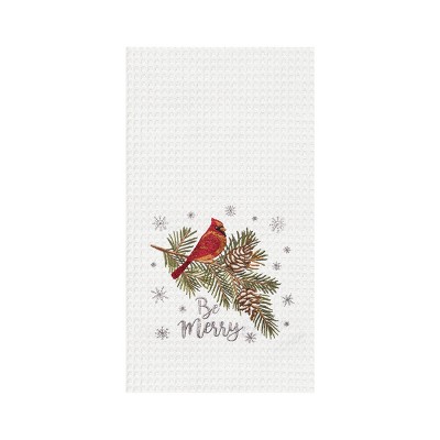 C&F Home Be Merry Cardinal Embroidered Waffle Weave Kitchen Towel