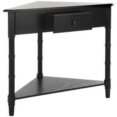 Bamboo-Inspired Triangular Pine Wood Corner Console with Drawer - Black