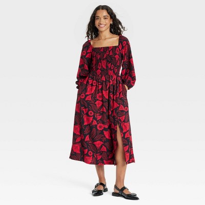 Latino Heritage Month Women's Long Sleeve Midi Smocked Dress - Black