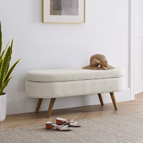 Linen Oval Stool Ottoman Footstool with Wooden Legs – Living and Home