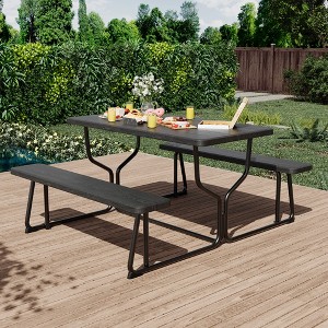 Outdoor Picnic Tables with Benches, Portable Picnic Table with Seats, Plastics Picnic Table Bench Set with Metal Frame, Large Camping Table Chair Set - 1 of 4