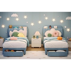 Set of 2 Twin Beds with Velvet Upholstery, Storage Drawer & Bookcase Headboard, Upholstered Platform Beds, No Box Spring - 1 of 4