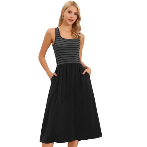 Женские платья INSPIRE CHIC Women's Summer Striped Patchwork Square Neck Sleeveless A-Line Midi Dress Small Black