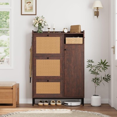 Garvee Shoe Cabinet with 3 Flip Drawers, 4-Tier Rattan Shoe Storage Cabinet, Freestanding Shoe Organizer with Adjustable Shelves for Entryway