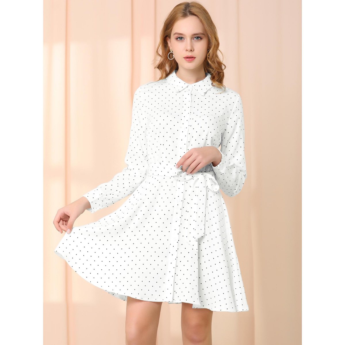 Женские платья INSPIRE CHIC Women's Polka Dots Long Sleeve Button Up A-Line Shirt Dress Large White — фото 2