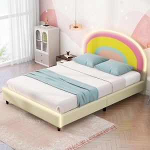 NicBex Twin/Full Upholstered Bed Frame with Smart LED,Princess Platform Bed with Rainbow Shaped and Adjustbale Headboard,No Box Spring Needed,Beige - 1 of 4