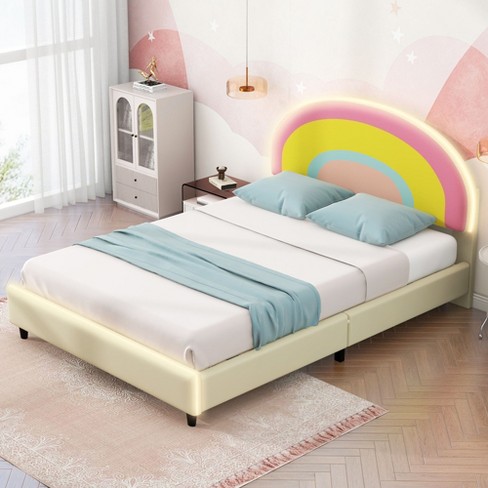 NicBex Twin/Full Upholstered Bed Frame with Smart LED,Princess Platform Bed with Rainbow Shaped and Adjustbale Headboard,No Box Spring Needed,Beige - image 1 of 4