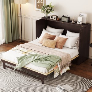 MAYEERTY Queen Size Murphy Bed, Pine Wood Cabinet Bed with Rattan Decoration and Storage Drawer Espresso - 1 of 4