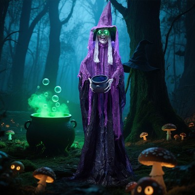 Joyfy 72’’ Halloween Outdoor Decoration, Scary Standing Witch with Cauldron Animated Decor for Yard Lawn Garden Outdoor Indoor and Haunted House