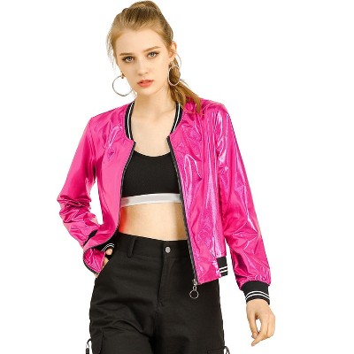INSPIRE CHIC Women's Holographic Fashion Stand Collar Metallic Lightweight Zip Bomber Jacket