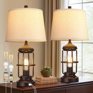 KTMBDW Set of 2 Modern Lamps for Living Room, Bedroom Nightstand Table Lamp with 2 USB Charging Ports for End Table Entryway, 4 Bulbs Included, Gold - 1 of 4