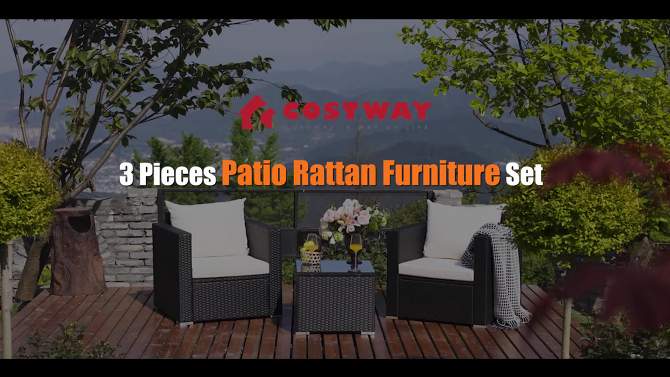 Costway 3PCS Patio Rattan Wicker Furniture Set Sofa Table W/Cushion Yard Red\Turquoise\ Navy\Black, 2 of 12, play video