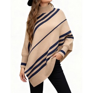 Women's Striped Batwing Sweater High Neck Asymmetrical Hem Knit Cape Pullover Top - 1 of 4