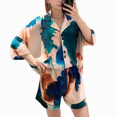 Anna-Kaci Lounge Women's Watercolor Print Pajama Set with Notch Collar Button Up Short Sleeve Top and Matching Relaxed Shorts