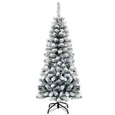 Costway 4.5Ft Unlit Hinged Snow Flocked Artificial Pencil Christmas Tree w/ 242 Branch