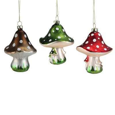 Northlight Set of 3 Red, Brown and Green Fairytale Mushroom Glass Christmas Ornaments