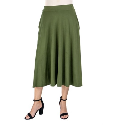 24seven Comfort Apparel Elastic Waist Pleated Pocket Midi Skirt-olive ...