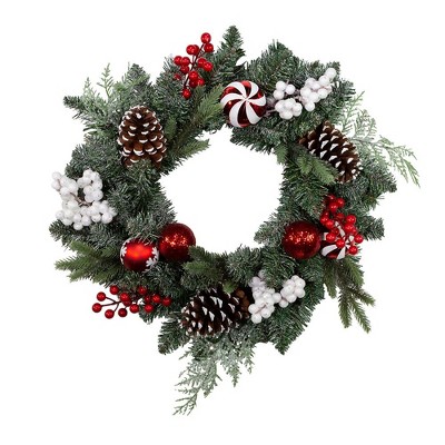 Kurt Adler 20-Inch Unlit Green Wreath With Pinecones, Balls and Berries