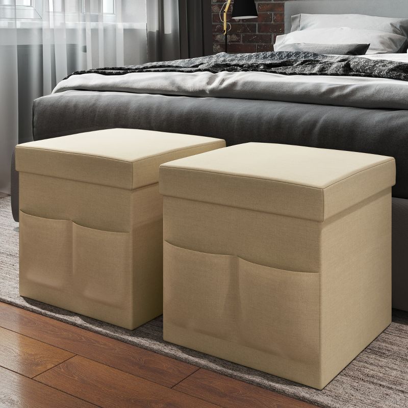 Hasting Home Set of 2 Folding Ottomans with Storage Pockets, 2 of 6