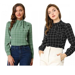 INSPIRE CHIC Women's Bow Tie Neck Keyhole Back Grid Checks Office Work Blouses 2 Packs - 1 of 4
