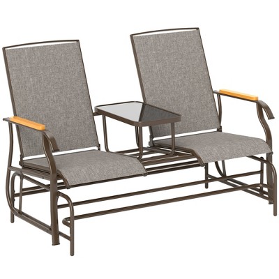Outsunny Outdoor 2-Person Glider Bench with Table, Outside Breathable Mesh Swing Chair for Patio, Garden, Backyard, Porch