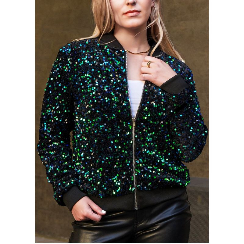 Anna-Kaci Sparkly Sequin Jacket Glitter Long Sleeves Zip Up Bomber Velvet Jacket, 2 of 4