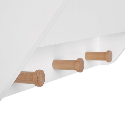 White MDF Floating Wall Shelf with Wooden Hooks