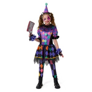 Joyfy Halloween Child Girl Dark Colorful Twisted Clown Jester Costume - 1 of 3