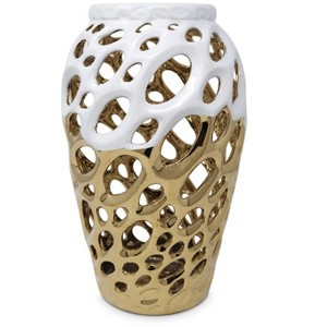 HomeRoots 13" Gold And White Pierced Urn Porcelain Table Vase With Sculptural Details - 1 of 4