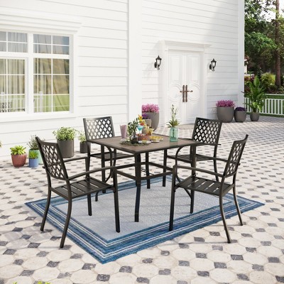 Captiva Designs 5pc Patio Wood-look Square Dining Table with Umbrella Hole & Metal Arm Chairs