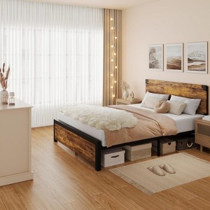 Full/Queen/King Size Bed Frame with Wood Headboard, Platform with Under Bed Storage or 4 Drawers Storage - 1 of 4