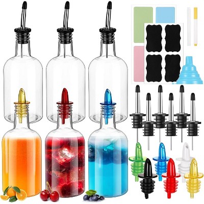 6 Set 16 oz Plastic Long Neck Bottles with Rainbow Pourer and Caps, Juice Pour Bottles with Stainless Steel Pourer