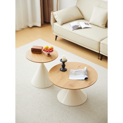 Vynxaria Coffee Tables: Stylish Round White and Wood Set with Versatile Design