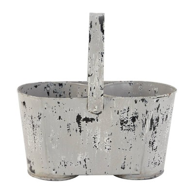 Large Distressed Novelty Farmhouse Style Metal Planter with Handle and 2 Pots White - Olivia & May