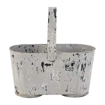 12" Wide Planter Large Distressed Novelty Farmhouse Style Metal with Handle and 2 Pots White - Olivia & May