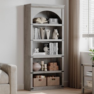 Arched Bookcase 5 Shelf Bookshelf 68.7" Tall Bookcase Farmhouse Curved Storage Rack Wooden Bookshelves for Home Office, Living Room,Wood Color - 1 of 4