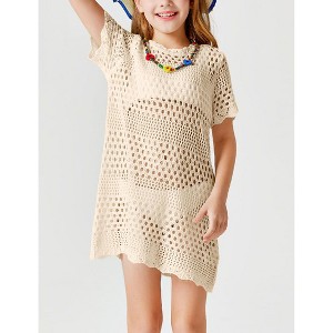 Girls Swim Cover Up Crochet Bathing Suit Cover Ups Short Sleeve Summer Beach Dress - 1 of 4