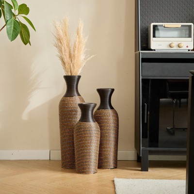 Aukfa 3-Piece Decorative Floor Vase Set with Metal Stands – Beige and Black Artificial Vine PVC Vases