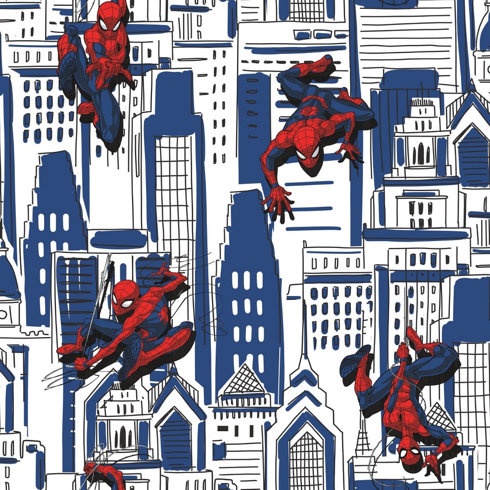 Photos - Wallpaper Roommates Spider-Man Cityscape Peel and Stick Kids'  Red/Blue/Gray - RoomMa 