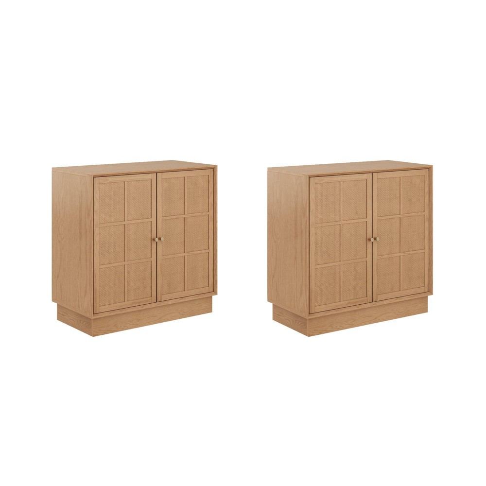 Nathan James Modern Coastal Rattan Wood Sideboard Storage Cabinet Raw Oak (Set of 2)