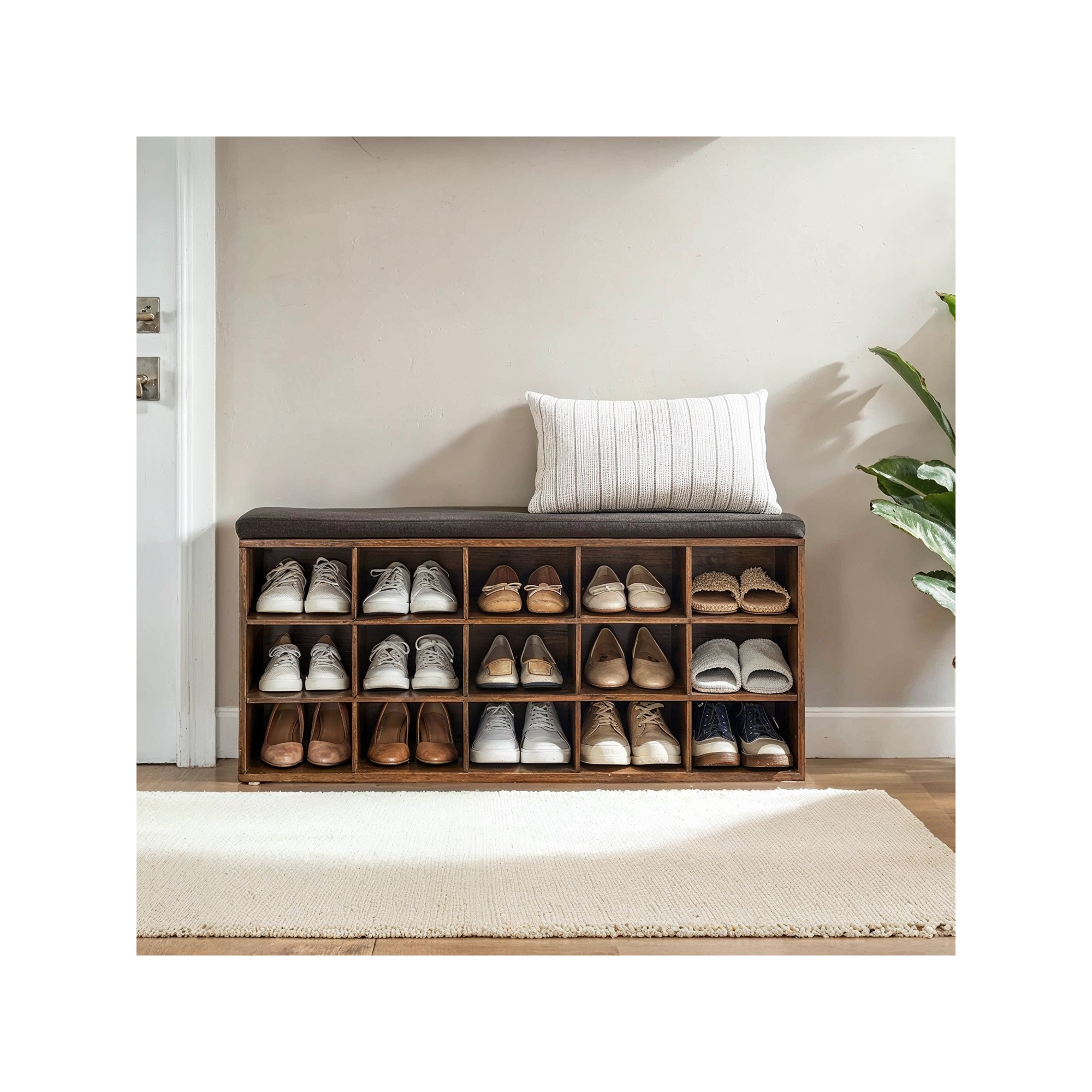 Shoe Rack Bench with Cushion 15 Compartments Storage Bench Shoe Bench for Entryway, 11.8 x 41.3 x 18.9 Inches