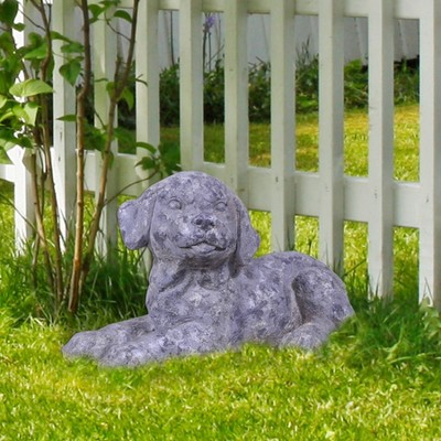 Gray Magnesium Oxide Puppy Laying Down Garden Statue, 19"