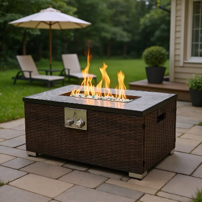 Resenkos Outdoor Fire Table  Propane  Fire Pit Rattan Gas Fire Table, Gas Fire Table With Tile Tabletop，PE Wicker, Steel, Ceramic Tile, Dark Brown