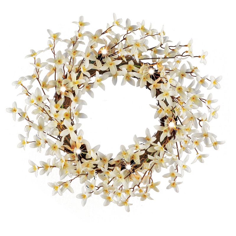 Collections Etc LED Lighted White Forsythia Hanging Wreath, 1 of 3